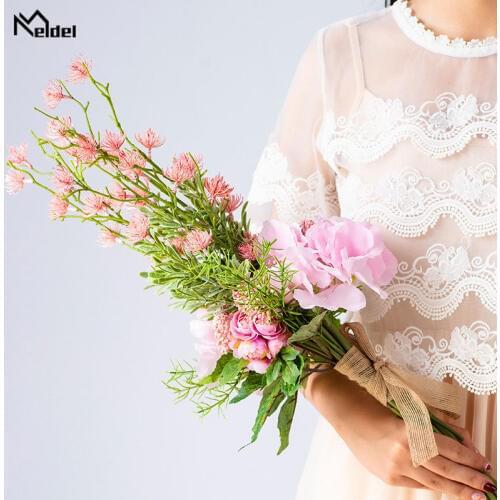 Meldel Bride Wedding Bouquet Drop Shipping Artificial Silk Rose Hydrangea Flower Pink Babys Breath Photography Wedding Supplies