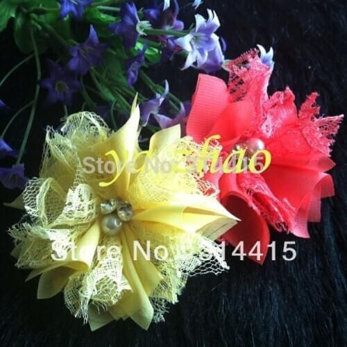 Trail order, 2.8" New Style Chiffon Lace Flower with pearl & rhinestone for headbands, wedding, clothing 60pcs/lot,12color