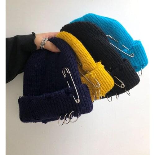 Safety Pin Knitted Hat for Man Woman Fashion Hip Hop Gorros Street Outdoor Knitted Hat Foldable Lovers Bob Hat Sunscreen Cap