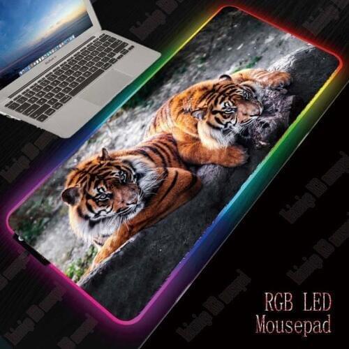 XGZ Two Tigers Computer Mousepad LED Gaming Mouse Pad Gamer Large Mause Pad XL RGB Mousepad USB for Keyboard Mice PC Desk Mat