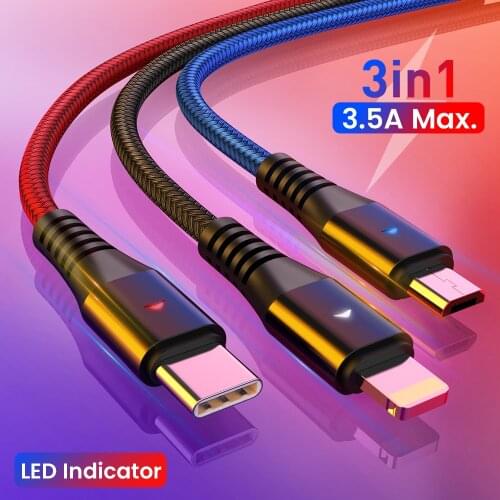 3in1 LED USB Charging Cable 3in1 Micro USB Type C 8Pin Charger Cable for iPhone 12 11 Pro Huawei Multi Usb Port Usbc Phone Cable