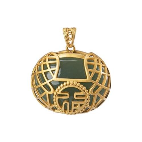 S925 sterling silver gold plated Natural Hetian jade Gray jade Pendant Retro Fu character Fu Lu Womens sweater chain