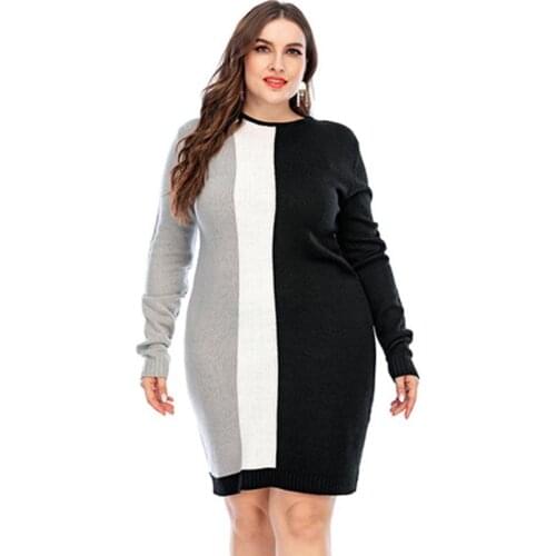 Womens Plus Size Autumn Long Sleeve Midi Dress O-Neck Triple Color Block Vertical Striped Knitted Rib Trim Slim Jumper Tops XL