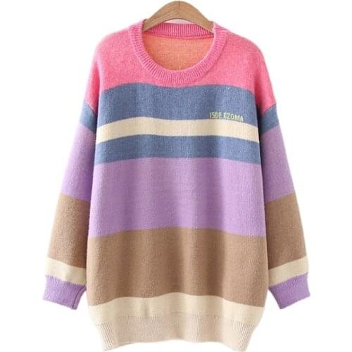 Women Rainbow Stripes Knit Pullovers Sweaters 2021 Winter Back Cartoon Bear Appliques Jumpers Sweet Kawaii Cute Soft Tops