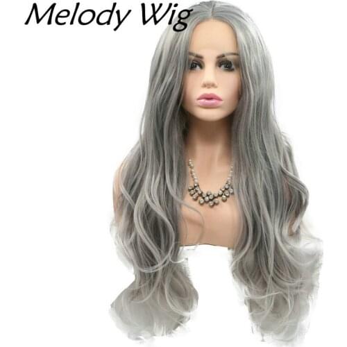Natural Hairline Gray Long Body Wave Middle Part Synthetic Lace Front Wig for Women Natural Looking Daily Wear Cosplay 22-26"