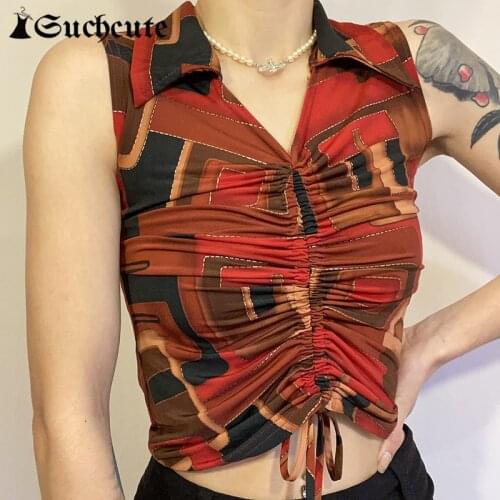 SUCHCUTE Goth Aesthetic Print Crop Tops For Women Summer Streetwear Runched y2k Tank Tops Vintage Sleeveless 90s Slim Vests