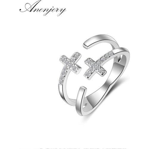 ANENJERY 925 Sterling Silver Korean Style Opening Rings Multi-layer Dazzling Mosaic Zircon Cross Ring For Women S-R312