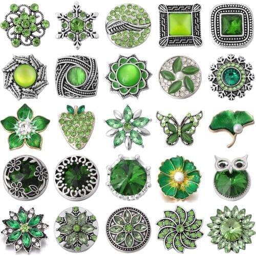 6pcs/lot Snap Button Jewelry Green Rhinestone Flower Snap Buttons Fit 18mm Snap Bracelets Bangles DIY Jewelry