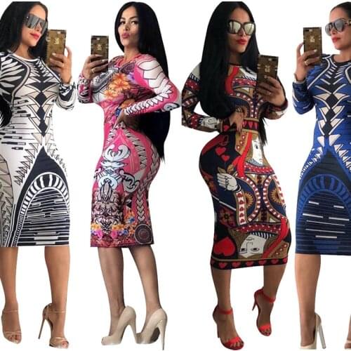 African Dashiki Autumn And Winter New Print Large Elastic Design Long Sleeve Sexy Nightclub African Dresses For Women DT1531