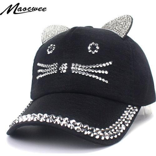 Cats Ears Baseball Hats Caps With Rhinestone Boy Girl Snapback Hip-hop Children Adjustable Casual Kids Baseball Cap Diamond Bone