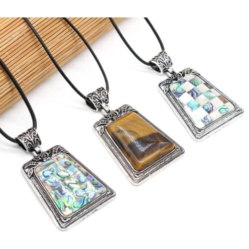 Natural Stone Pendant Necklace Exquisite Trapezoidal Abalone Shell Rose Quartz Pendant Charms Long Wax Rope for Jewelry Gift