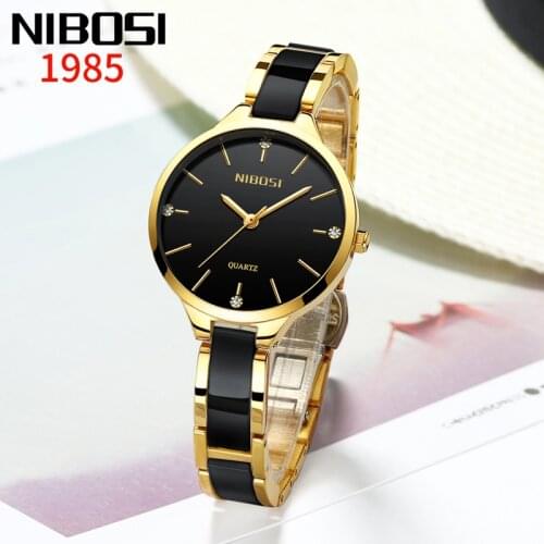 2021 Women Watches Ceramic Strap Luxury Brands NIBOSI Gold Black Female Watch Waterproof Fashion Upscale Watch Relogio Mulheres