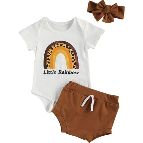 Citgeett Summer Cute Infant Baby Boys Girls Clothes Sets Short Sleeve Rainbow Print Romper Tops Shorts Headband 3pcs Set