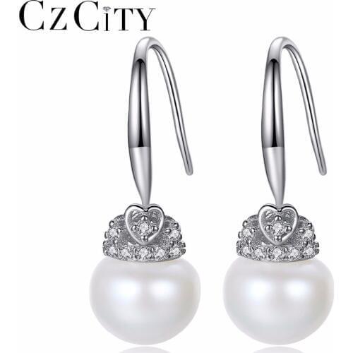 CZCITY Pure Natural Pearl Earrings 9-9.5mm Freshwater Drop Pearls Crown 925 Sterling Silver Dangle Earrings Fine Jewelry Gift