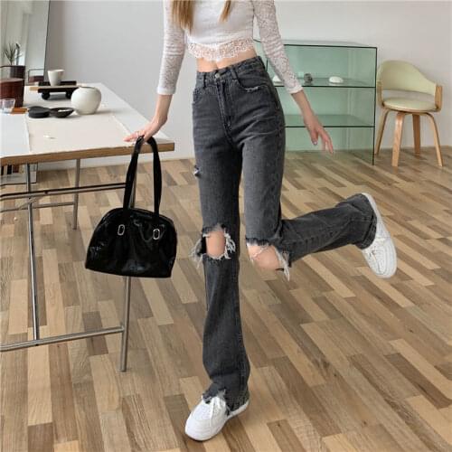 Vintage High Waist Women Jeans Wide Lege Denim Clothing Pants mom Full Length Streetwear Hole Gray Harajuku Straight Pants