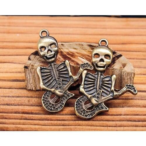 F28 Lot 10PCS Bronze Trendy Guitar Skull Pendant Charm Punk Necklace Findings