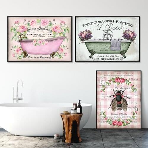 French Vintage Shabby Chic Bathtub Wall Art Canvas Painting Posters Prints Bathroom Pictures Bee Pink Retro Home Decor