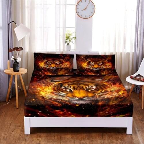 Burning Tiger Digital Printed 3pc Polyester Fitted Sheet Mattress Cover Four Corners with Elastic Band Bed Sheet Pillowcases