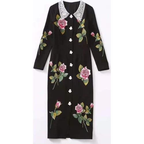 And American womens European wear 2021 winter new style Long-sleeved lace lapels Rose embroidery Fashionable dress