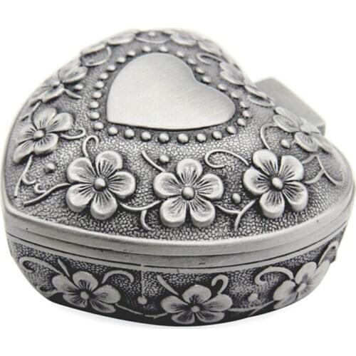 Classic Vintage Antique Heart Shape Jewelry Box Ring Small Trinket Storage Organizer Chest Christmas Gift,Silver