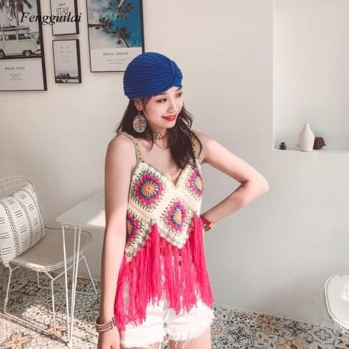 2021 Summer Bohemian Holiday Handmade Crochet Knitted Tassel Contrast Suspender Vest Cardigan Top