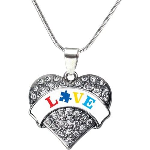 Fashion Metal Alloy Crafting Jewelry Drop Shipping Crystal Heart Shape Love Puzzle Piece Autism Necklace With Snake Chain