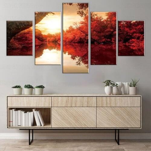 5 Panel Modular Home Room Decoration Art Canvas Red Maple Tree Poster Decor Printed Painting Framework