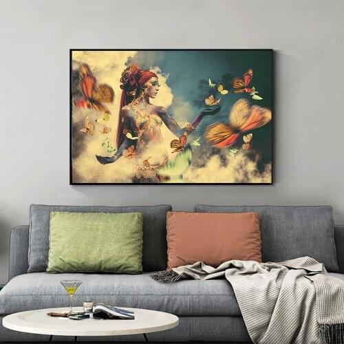 Wall Art Canvas Painting Priestess Woman Portrait Butterfly Nordic Posters Vintage Picture Living Home Room Decor Frame