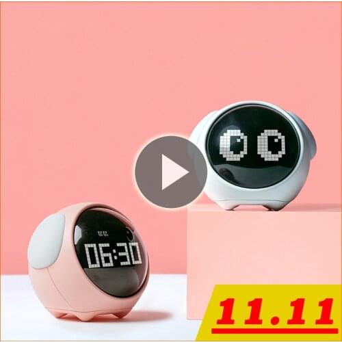 2021 New Cute Expression Alarm Clock Multifunctional Bedside Voice Control Night Light Snooze Chargeable Child Alarm Clock
