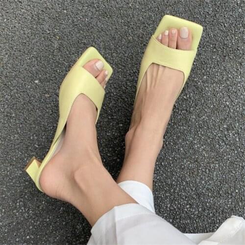 PXELENA Charming Strange Med Heels Slides Women Genuine Leather Slippers 2021 Summer Shoes Party Date Outside Female Footwear 40