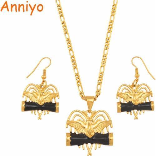 Anniyo Black Drum Bird Paradis Papua New Guinea Necklaces Earrings Ring sets for Women PNG Wedding Jewelry Party Gifts #139906
