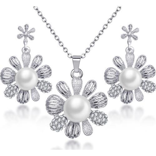 Lovers gifts silver color elegant bridal jewelry sets long pendnat flower simulated pearl necklaces & pendants crystal earrings