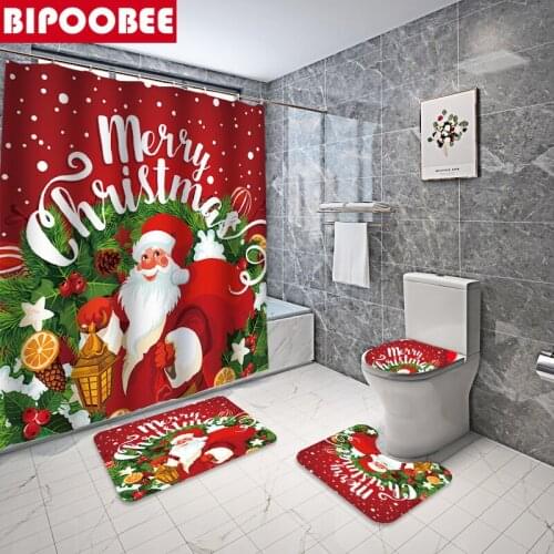 Santa Claus Delivers Gifts Shower Curtain for Bathroom Decor Merry Christmas Bathtub Curtains with Hooks Toilet Cover Bath Mat