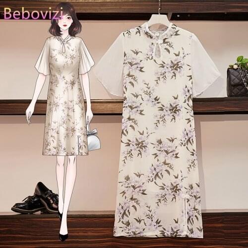 Plus Size M-4XL 2021 Chiffon Loose Fashion Modern Cheongsam Oriental Dress Women Short Sleeve Qipao Traditional Chinese Clothes