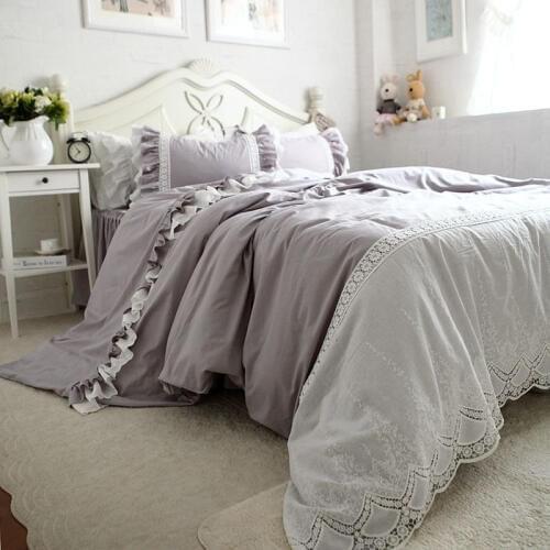 Grey luxury bedding set Embroidery lace duvet cover satin cotton bedding handsome bedspread bed sheet princess bed cover skirt
