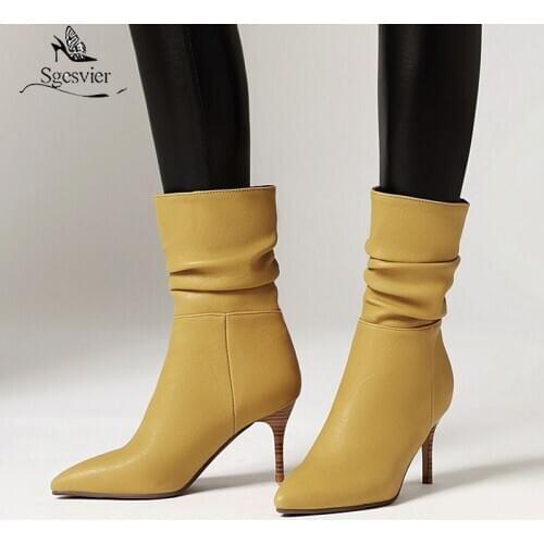 Sgesvier 2020 Women boots stiletto high heels pointed toe plealed ladies shoes autumn winter solid color ankle boots