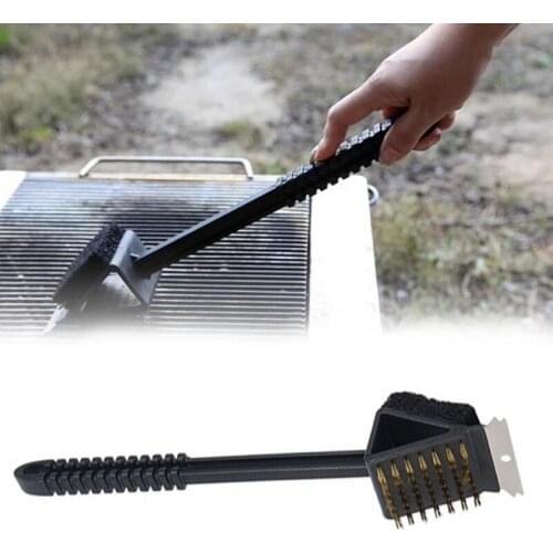 3 In 1 Long Handle Corner Copper Wire Brush Barbecue Grill Oven Cleaning BBQ Brush Copper Wire Sponge Shovel