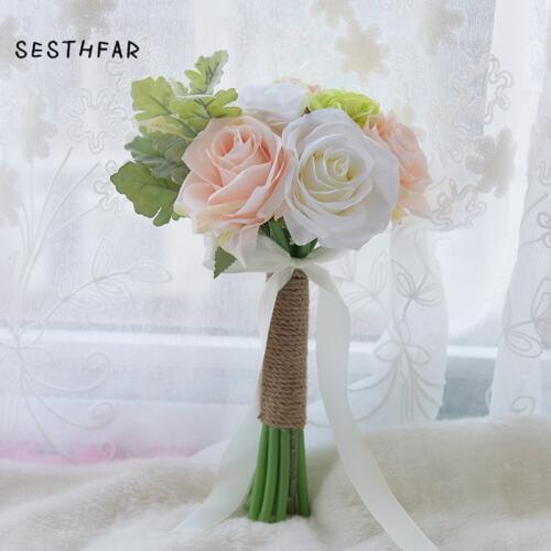 Silk Wedding Flowers Red White Hydrangea Bridesmaid Bouquet Artificial Rose Flower Girl Bouquet in 6 Styles