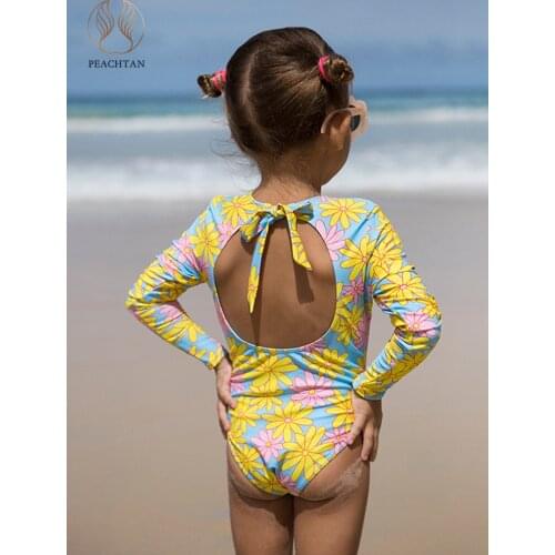Peachtan O-neck one piece swimsuit women girs kids Backless swimwear female 2021 Floral print monokini Long sleeves bathing suit