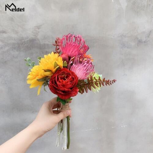 Meldel Bridal Wedding Bouquet Artificial Silk Rose Flower Red Leucospermum Pompom Sunflower Wedding Supplies Home Party Decor