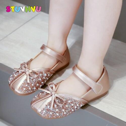 Girls Princess Shoes 2021 Spring Autumn New Soft Bottom Rhinestone Bow Leather Children Shoes Slip Girls Shoes for Kids Flats