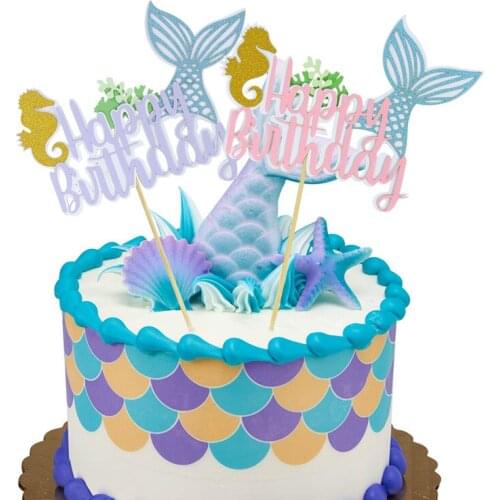 Happy Birthday Mermaid Tail Cake Topper Dessert Cupcake Baking Decor Kids Birthday Party Decoration Baby Shower Supplies