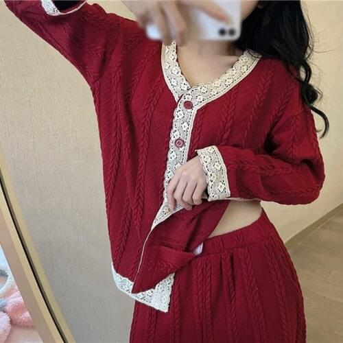 Verlena Long Sleeve Knitted Sets Red Lace Patchwork Button Cardigan O-Neck Sweater Tops Knitwear Korean Long Pants Winter 2021