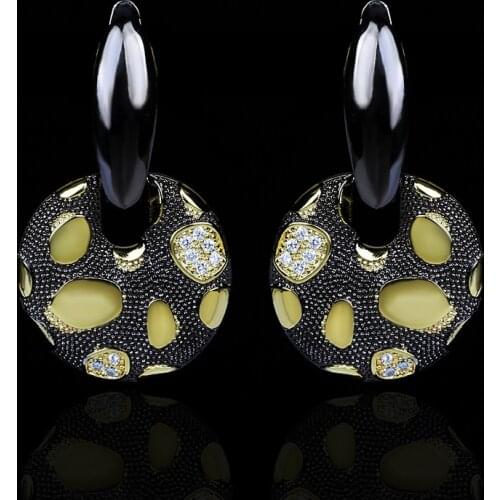 CIZEVA Bohemia Style Black Gold Jewelry 925 Silver Dangel Earring With Zircon Two Tone Circle Geometric Darop Earrings Jewelry