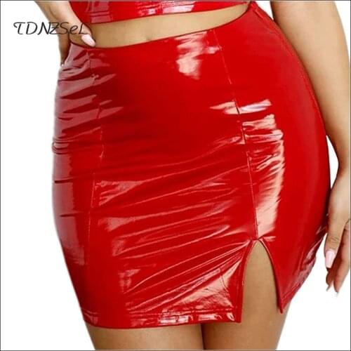 Shiny Faux Latex Leather Mini Skirt Woman Sexy Slim Red PU Pencil Skirt Hems Side Split Lady High Waisted Bodycon Skirts Custom