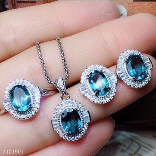 KJJEAXCMY boutique jewelry 925 Silver-inlaid Natural Topaz Ladys Necklace Ring Earrings Suspender 3-piece Set Support Detectio