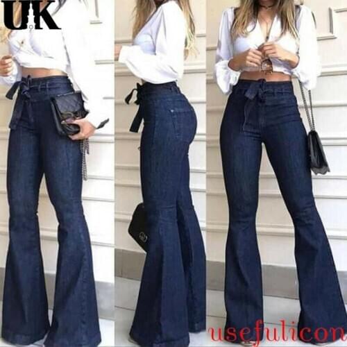 Womens High Waist Denim Jeans Stretch Bell Bottom Pants Flare Wide Leg Trousers