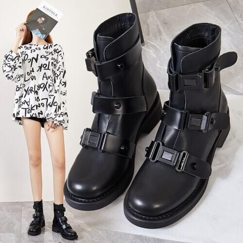 Leather Martin Boots Womens Autumn 2020 short belt buckle womens boots buckled short boots flat with leather locomotive boots