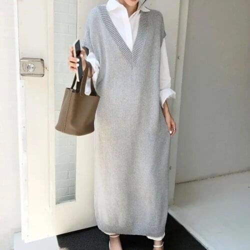 Women Korean Fashion Long Sweater Vest Spring Autumn Maxi V-Neck Grey Sweater Dress Pullover Loose Knitted Top Plus Size Coat
