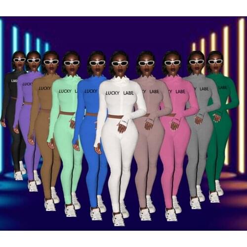 Women Two pieces set Female Tracksuits embroidered letters zipper sports suit Elastic Skinny Leggings Sportswear Slim Outfit